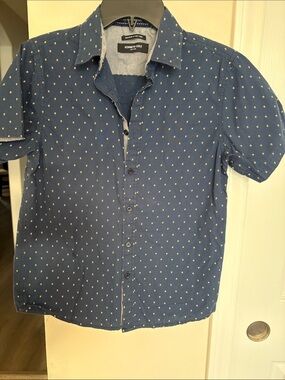 Kenneth Cole Boys Navy Short-Sleeve Button-Up with White Microdots